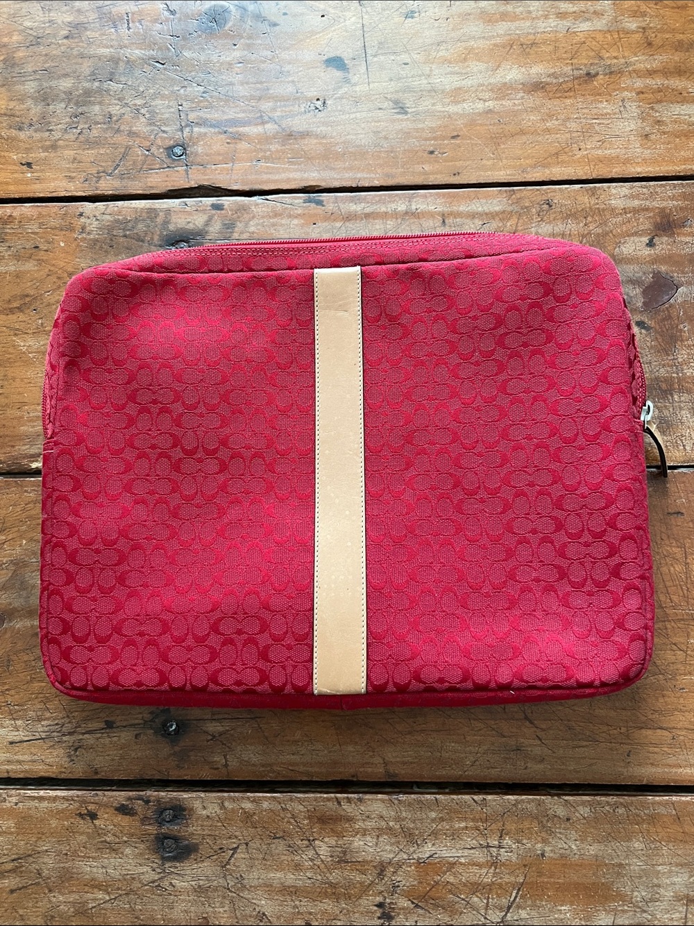 Coach Red Signature Canvas Laptop Sleeve with Tan Leather Center Stripe. 14x10x